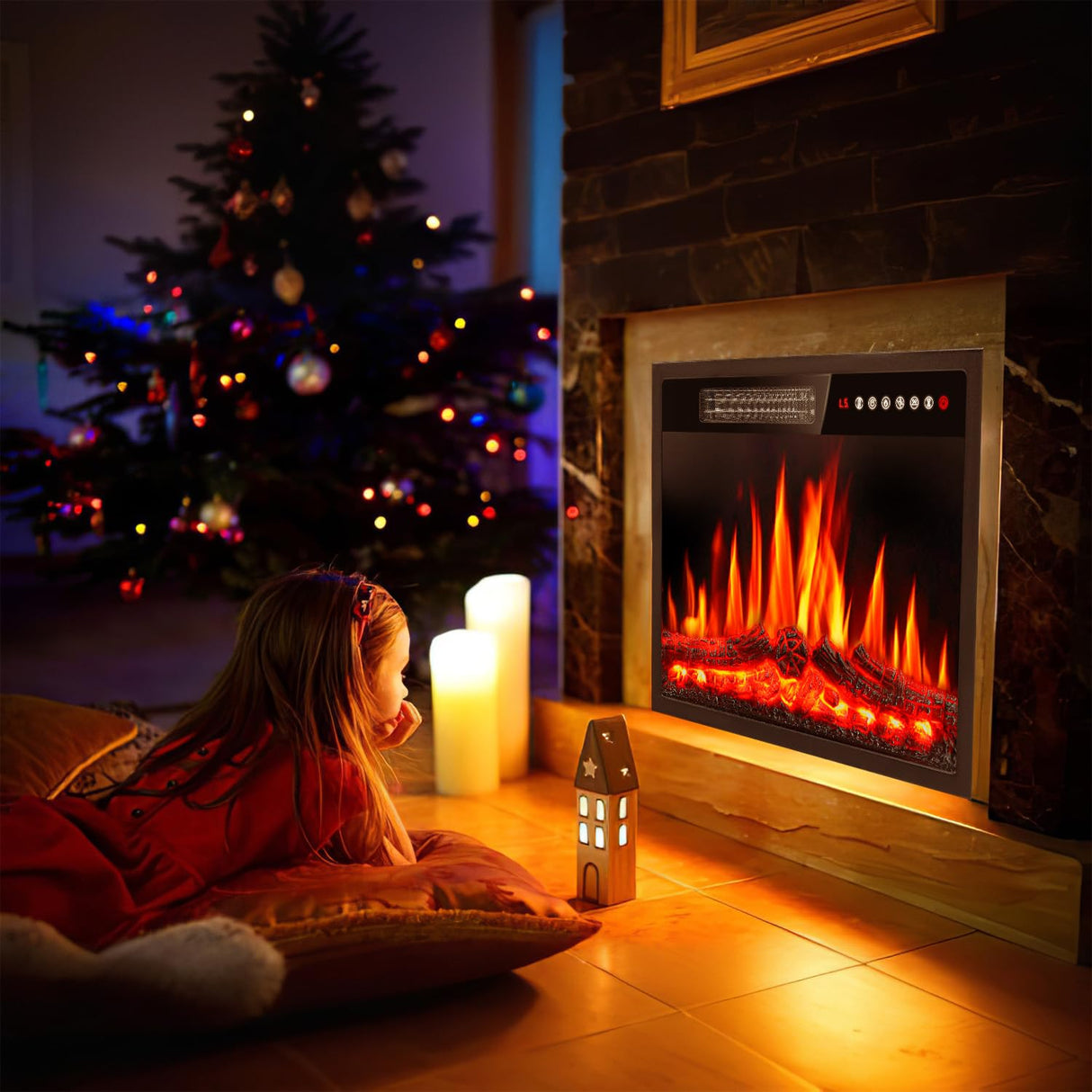 PRETZI 23 inch Electric Fireplace Insert Heater, Recessed Mounted Fireplace with Remote Control & Touch Screen, Adjustable LED Flame Effects, Small Electric Stove for TV Stand, 750/1500W PRETZI