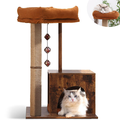 FUKUMARU Cat Scratching Post, Modern Style Cat Tree with Unique Square Post, Wooden Cat Tower with silvervine Balls, Retro Cat Condo Scratcher for Indoor Cats（Solid Wood） FUKUMARU