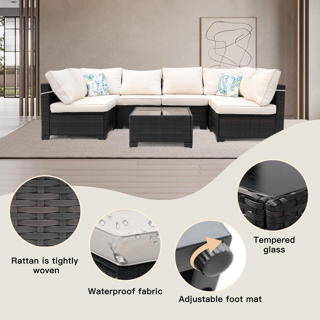 Ophelian 7 Pieces Outdoor Sectional Rattan Wicker Patio Furniture Set Conversation Sets with Cushion for Balcony Lawn and Garden, Brown/Beige Ophelian