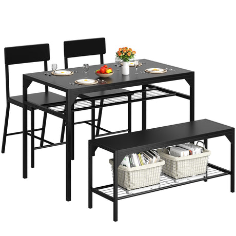 Shintenchi Kitchen Table Chairs Set of 4, Dining Table Set for 4 with Bench and Chairs, 4 Pieces Kitchen Table Set with Storage Rack & Metal Frame for Small Space, Black Shintenchi