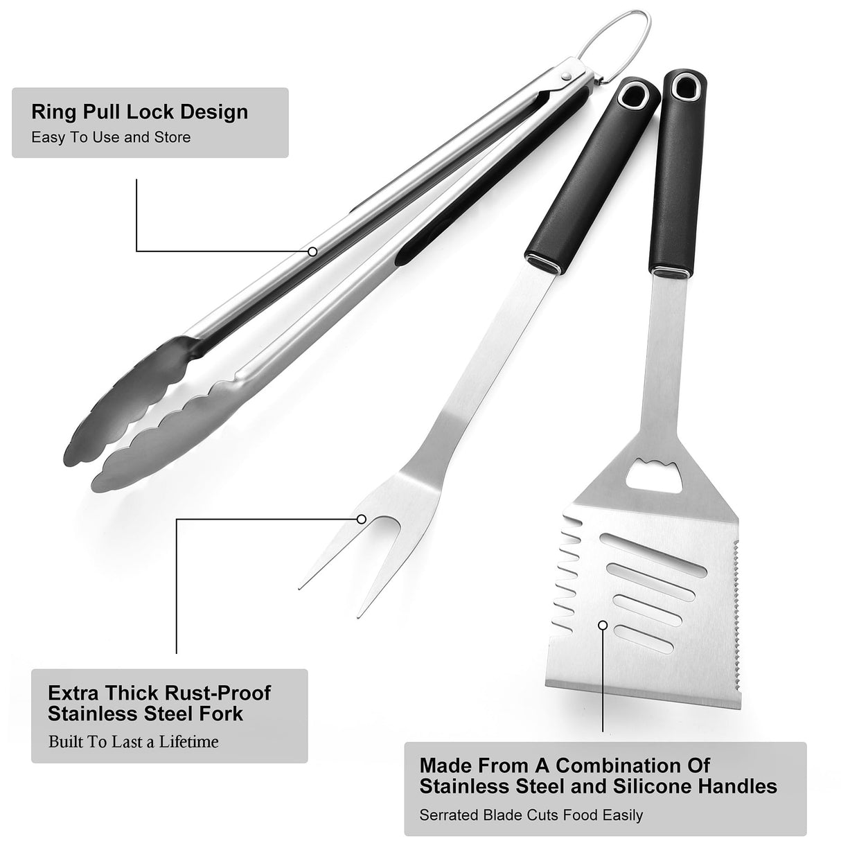 BBQ Accessories Grill Tools, Heavy Duty Grilling Accessories Barbecue Accessories Stainless Steel Grill Accessories with Spatula, Fork, Tongs and Gift-Box for Outdoor Grill, Home Grill (3PCS) HE-SANQI