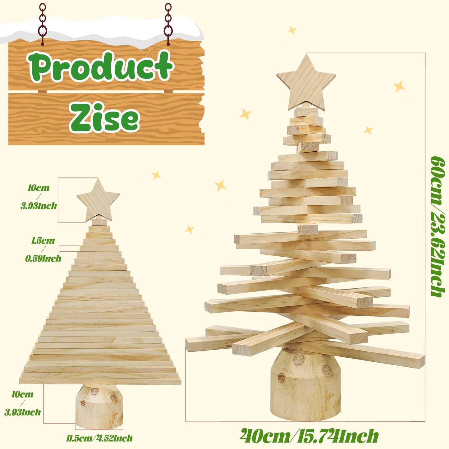 OurWarm 2 Foot Wooden Christmas Tree, DIY Wood Christmas Trees with 27 Pine Poles, Base, Christmas Tree Topper, Mini Small Tabletop Christmas Tree for Ornament Display Wooden Christmas Table Decor