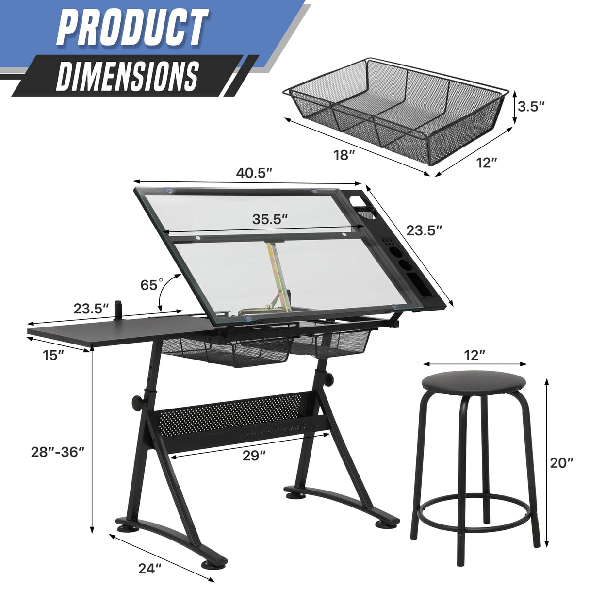 SFIHOME Adjustable Drafting Table & Stool Set, Art Desk with Additional Slide-Out Table Design, Versatile Drawing Table with Storage, for Art, Drafting and Creative Tasks, Black SFIHOME