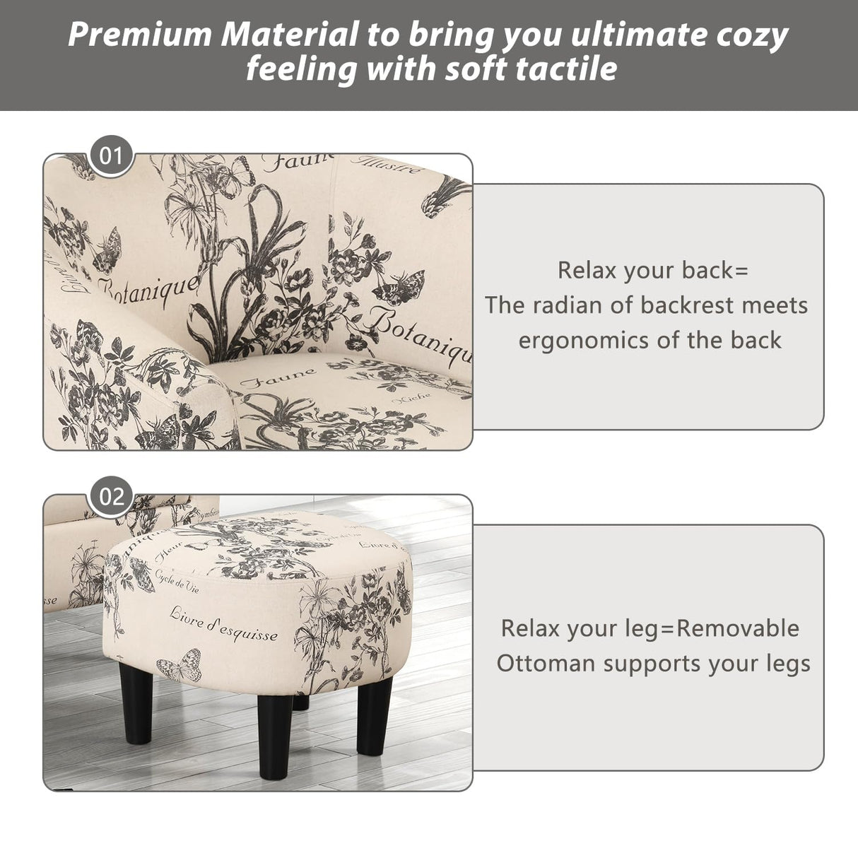 INZOY Modern Accent Chair with Ottoman for Small Space, Club Chair with Ottoman Set, Comfy Fabric Barrel Reading Chairs for Living Room Bedroom, Round Reading Chair with Foot Rest, Flower Pattern INZOY