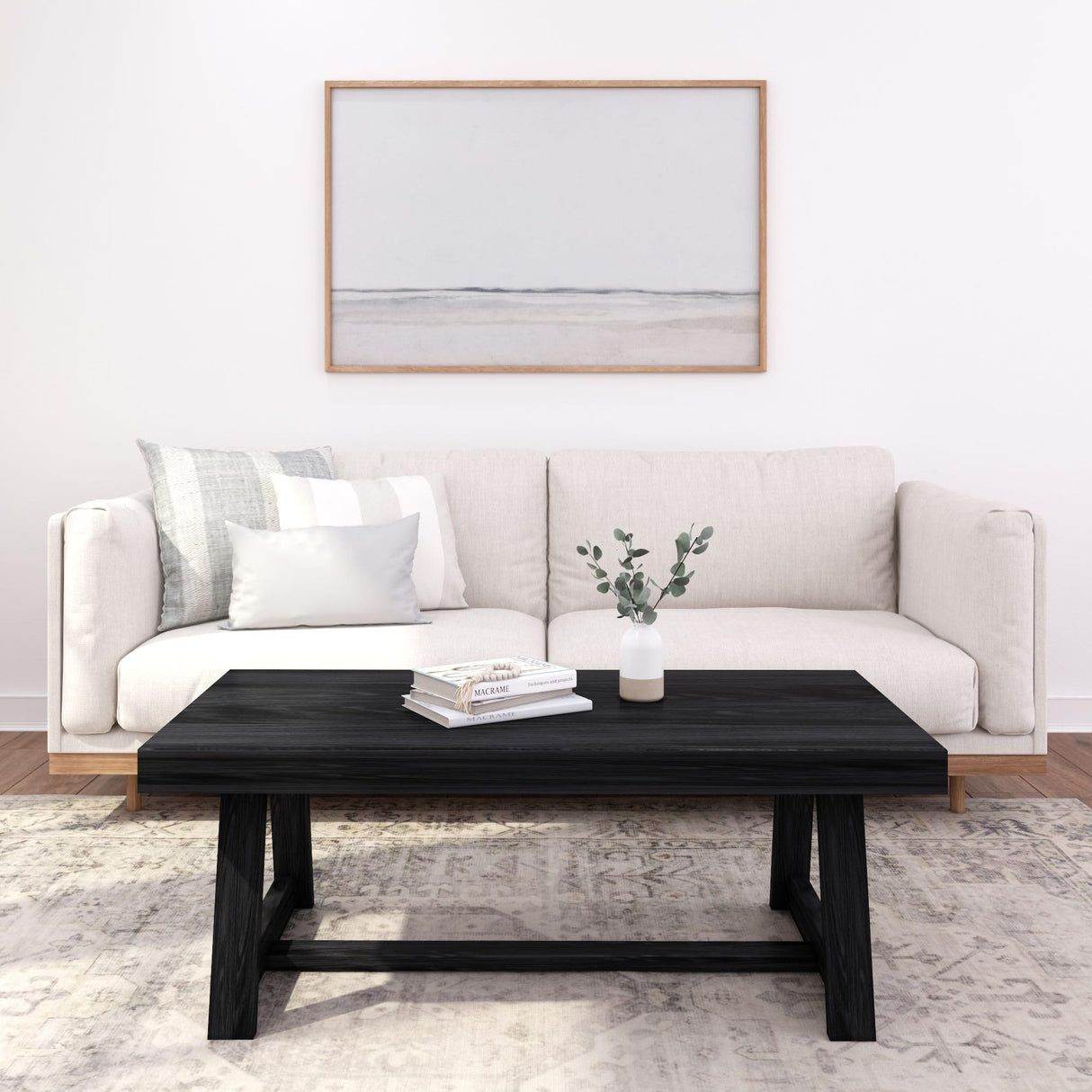 Plank+Beam Classic Rectangular Coffee Table, 48 Inch Farmhouse Coffee Table, Mini Center Tables for Small Spaces, Small Living Space Tea Table, Black Wirebrush Plank+Beam