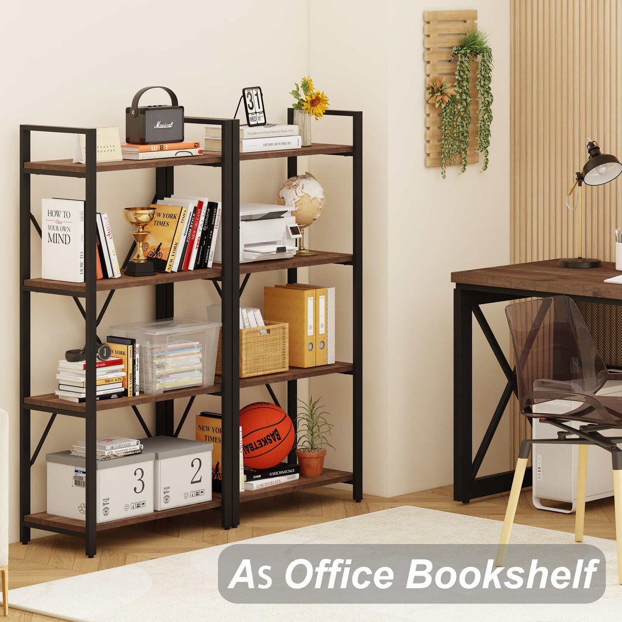 BON AUGURE Rustic Oak 4-Tier Industrial Bookshelf – Modern Open Etagere for Home and Office BON AUGURE