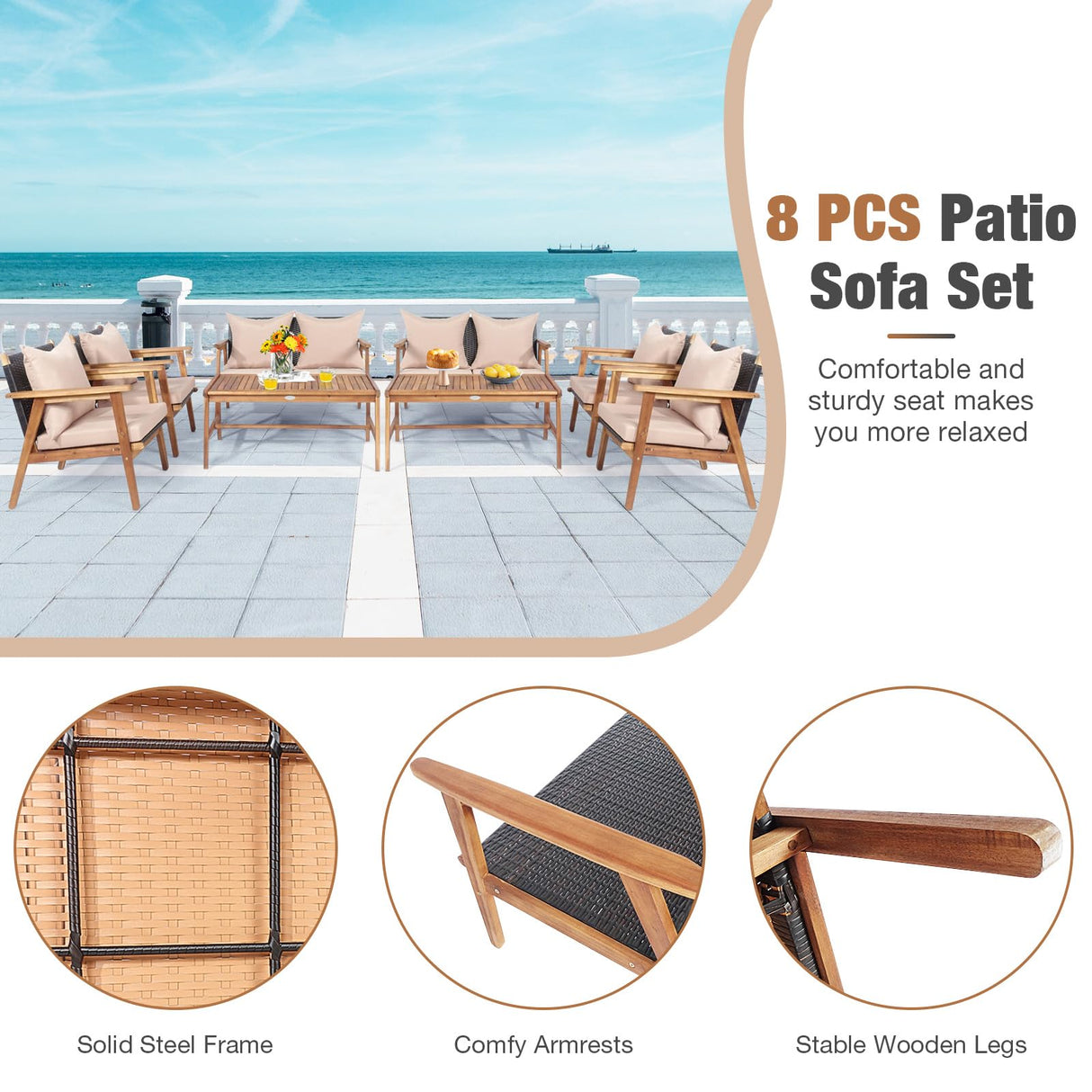 DORTALA 8 Piece Wicker Patio Furniture Set, Outdoor Acacia Wood & Rattan Coversation Sets with Chairs, Loveseat, Coffee Table for Backyard Porch Garden Poolside Balcony, Brown DORTALA