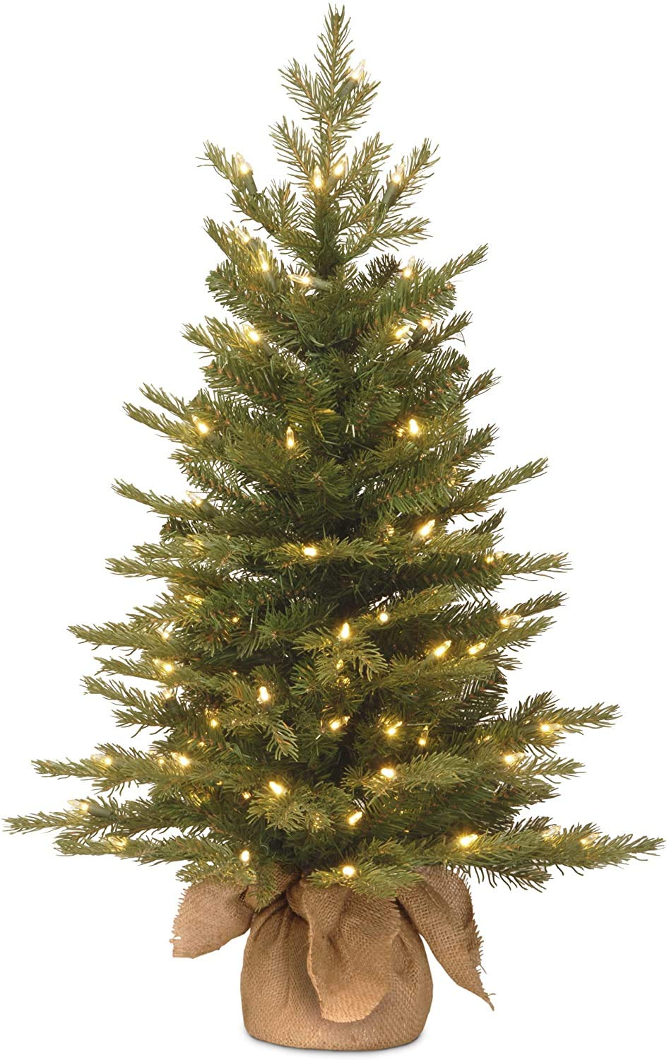 National Tree Company Pre-Lit 'Feel Real' Artificial Mini Christmas Tree, Green, Nordic Spruce, White Lights, Includes Burlap Bag Base, 3 Feet National Tree Company