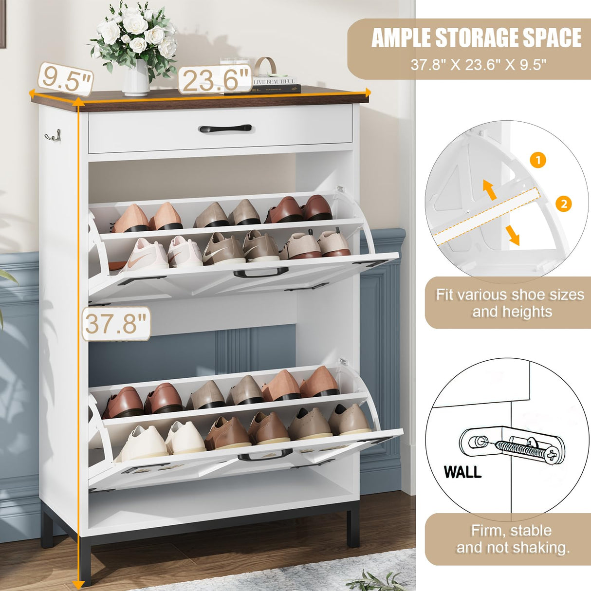 Shoe Cabinet Storage for Entryway Hidden Shoes Storage Cabinet with 2 Flip Drawers, Farmhouse Narrow Shoe Rack Cabinet Slim Free Standing Shoe Organizer Cabinet for Door Entry, Foyer, Hallway, White Jocoevol