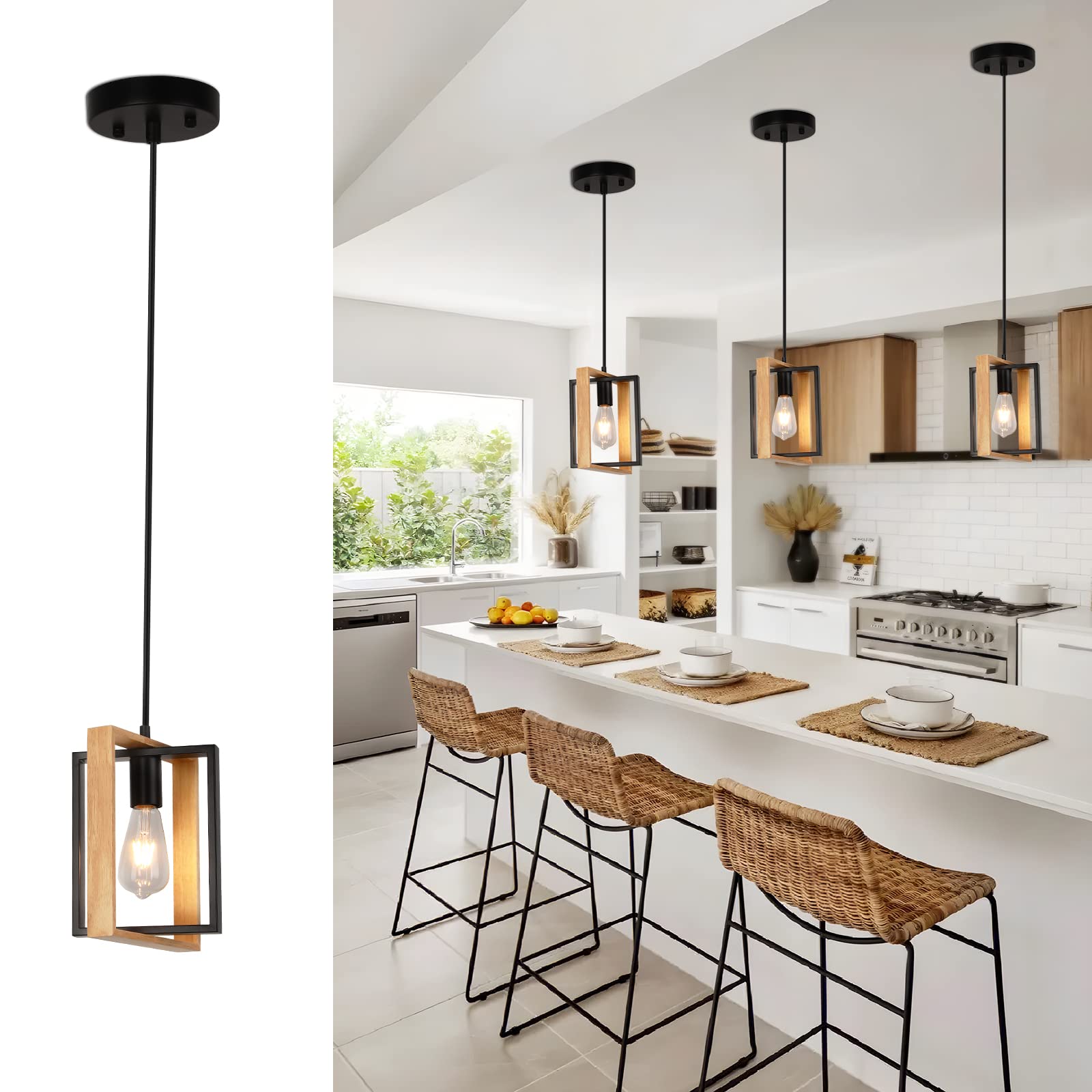 foucasal Pendant Lights Kitchen Island Black Pendant Light Fixtures with Rotatable Wood Frame Kitchen Island Pendant Lighting for Dining Room, Foyer - WoodArtSupply