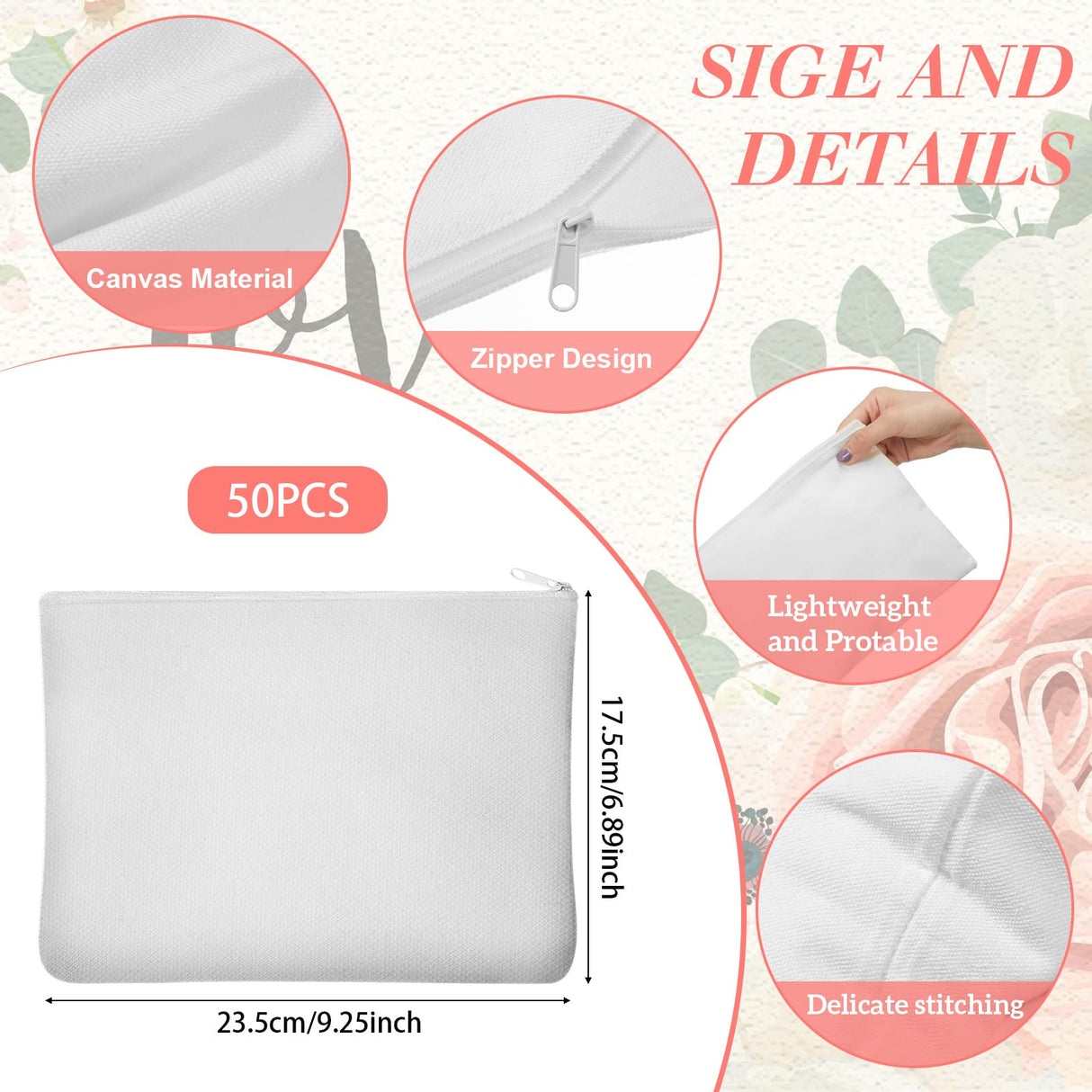 Frienda 50 Pieces Sublimation Blank Canvas Makeup Bags Bulk Blank DIY Heat Transfer Cosmetic Makeup Bags Canvas Pen Case Pencil Bags Clear Sublimation Blank Pouch with Zipper (White,9 x 6.89 Inch) Frienda