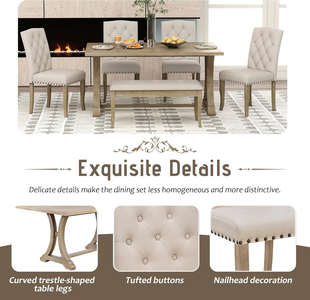 Farmhouse Dining Table Set for 6, Kitchen Table Set with Chairs and Bench, 6 Piece Solid Wood Dining Room Set with Trestle Table Legs for Kitchen, Dining Room (Natural Wood Wash) Mirightone