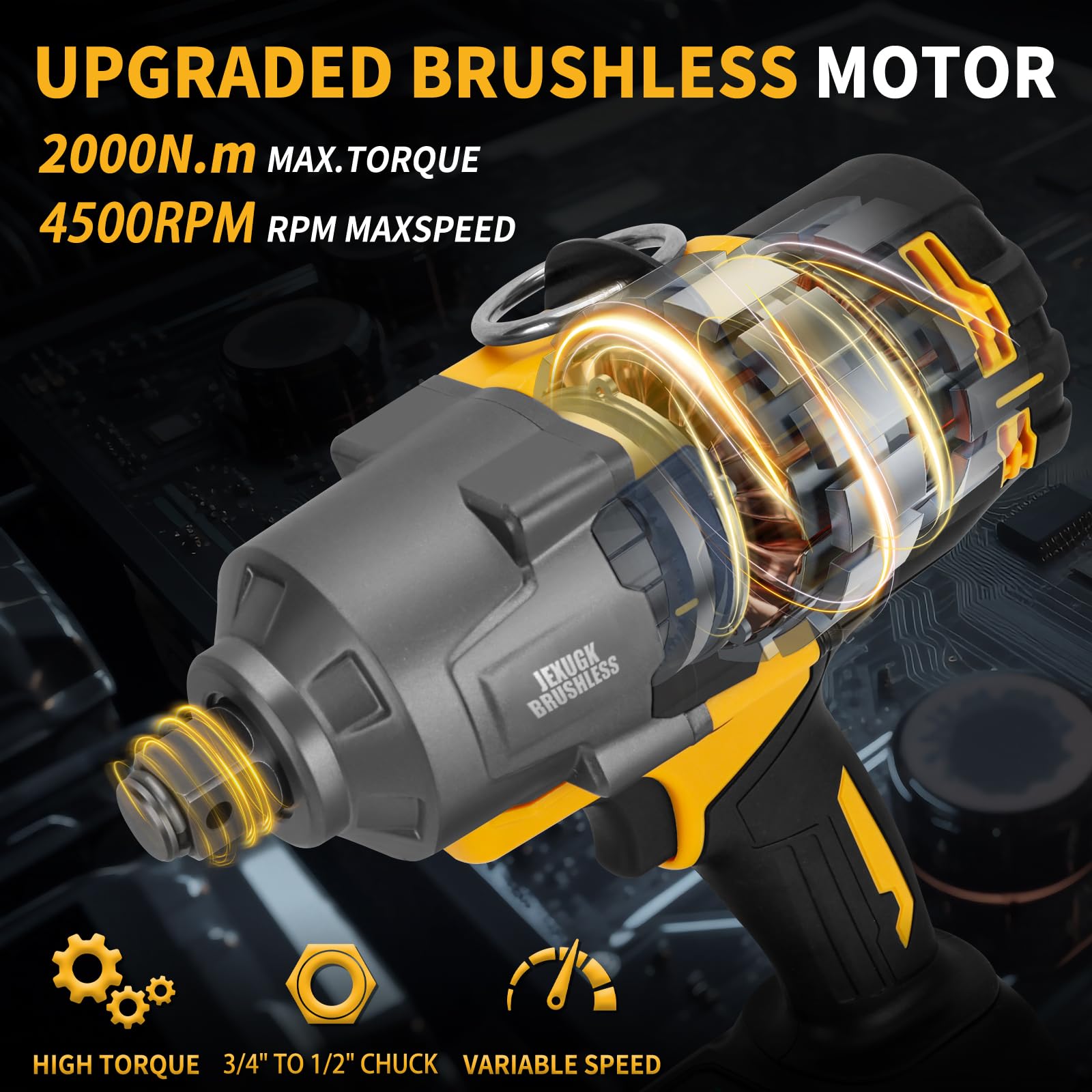 JEXUGK 2000Nm Cordless Impact Gun, 3/4" To 1/2" 2 x 6.0AH Battery Heavy High Torque Impact Wrench, 1500Ft-lbs Brushless Eléctrica Pistola de Impacto, Power Llave de Impacto for Truck Mower Ca - WoodArtSupply