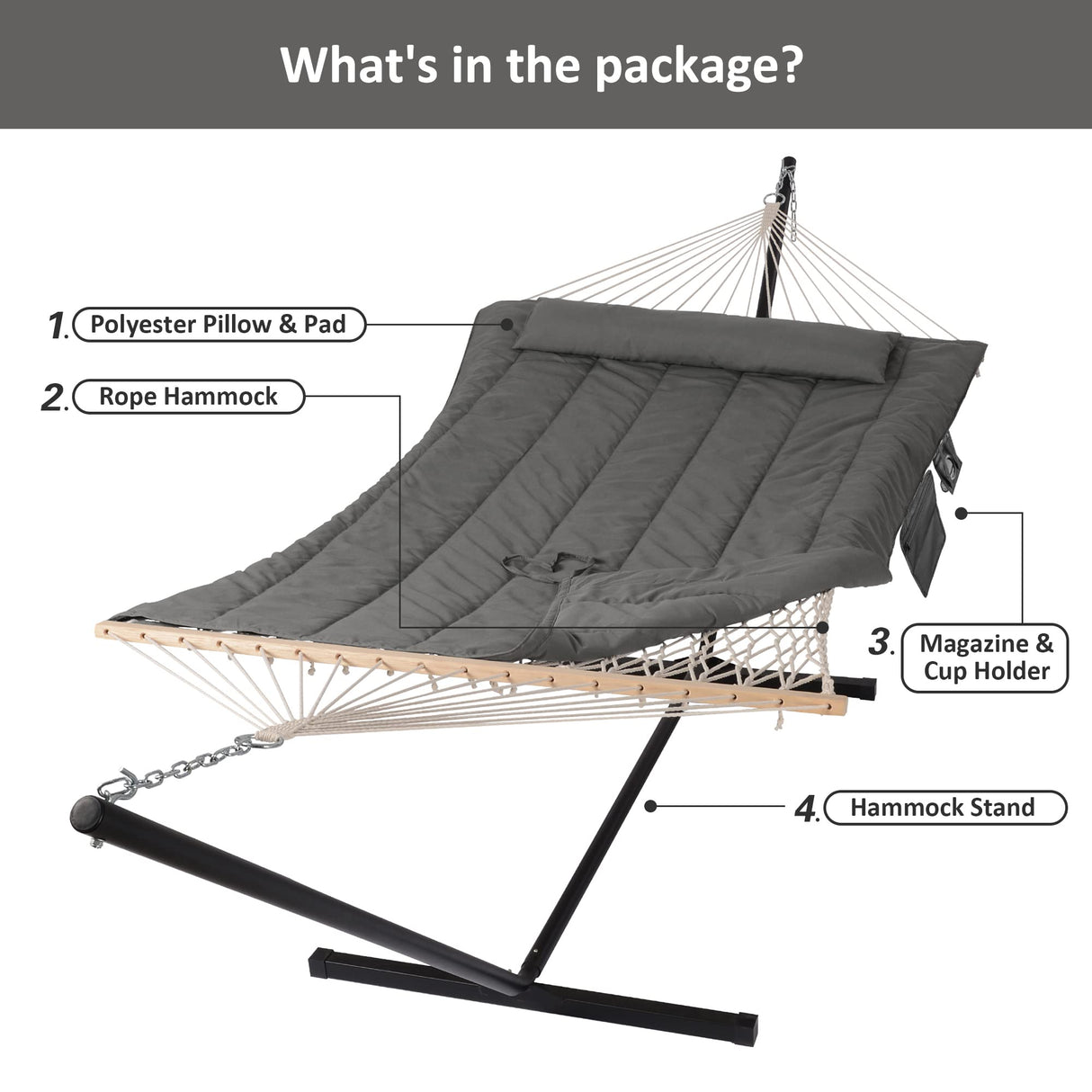 SUNCREAT Double Outdoor Hammock with Stand, Two Person Cotton Rope Hammock with Polyester Pad, Dark Gray SUNCREAT