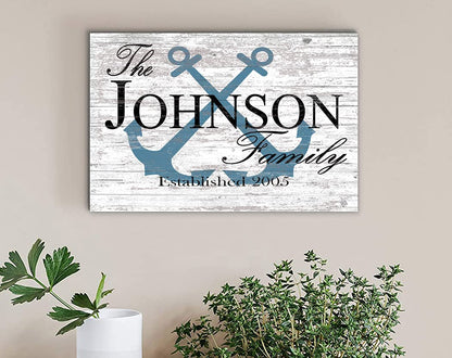 CUSTOM Beach House Sign or Lake Home Sign - Name and Established Date - Solid Wood - 16.5in x 10.5in (Anchor Slate Blue) - WoodArtSupply