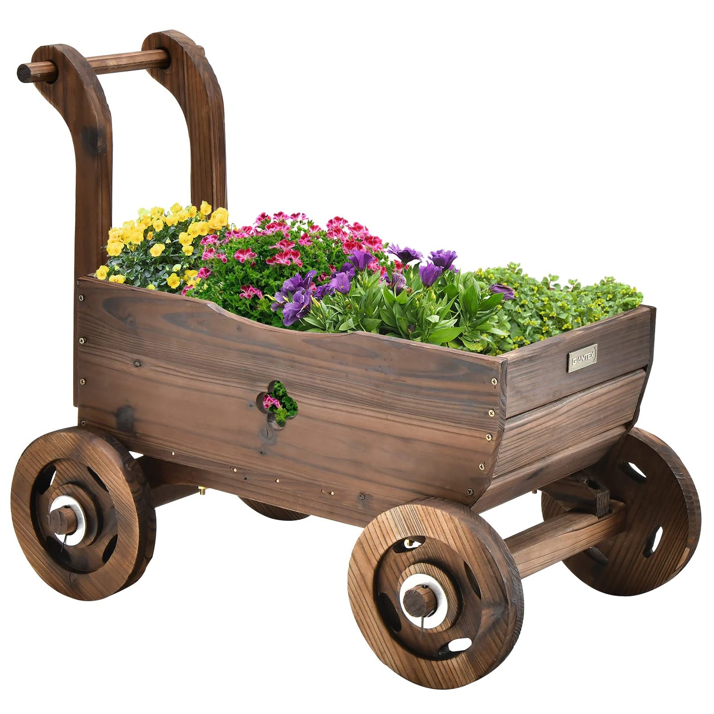 Giantex Wooden Wagon Planter Raised Bed on Wheels, Handle, Drainage Hole, Decorative Wagon Cart, Rustic Flowerpot Planter, Mobile Plant Pot Stand, Indoor & Outdoor Patio Garden Balcony - WoodArtSupply