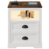 FONTOI Farmhouse Nightstand, End Table with Drawers, Nightstand with Charging Station, Bedside Table with 3 LED Lights Modes, Wood Nightstand with Smart Human Sensor for Bedroom, Brown & White FONTOI