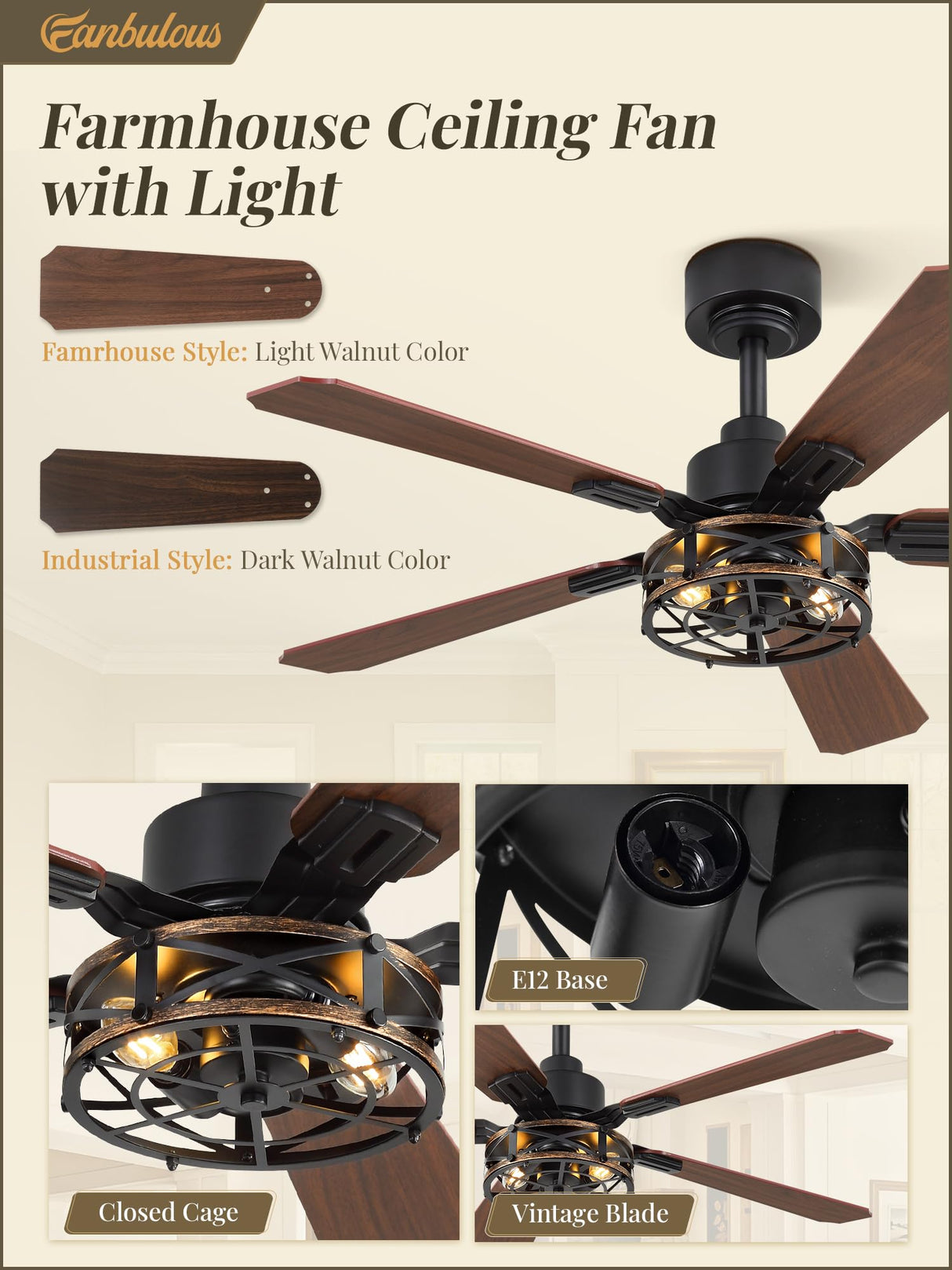 2 Pack 42 Inch Rustic Caged Ceiling Fan with Lights, Black Farmhouse Ceiling Fans for Bedroom Living Room, Double-Sided 5 Blades Rustic Ceiling Fan Fanbulous