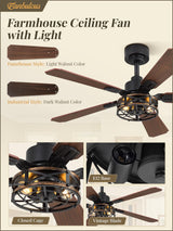 2 Pack 42 Inch Rustic Caged Ceiling Fan with Lights, Black Farmhouse Ceiling Fans for Bedroom Living Room, Double-Sided 5 Blades Rustic Ceiling Fan Fanbulous