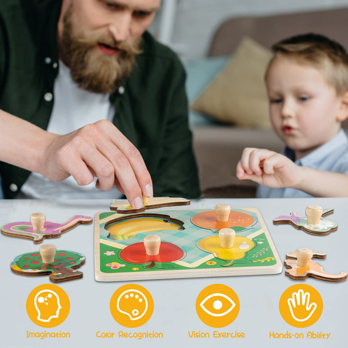Wooden Toddler Puzzles, Funsland Peg Puzzles Gifts Toys, 4 Pcs Eco Friendly Animal Patterns Jigsaw with Handles, Infant Kid Fine Motor Skill Learning Educational Montessori Puzzles for 1 2 3 Years Old Funsland