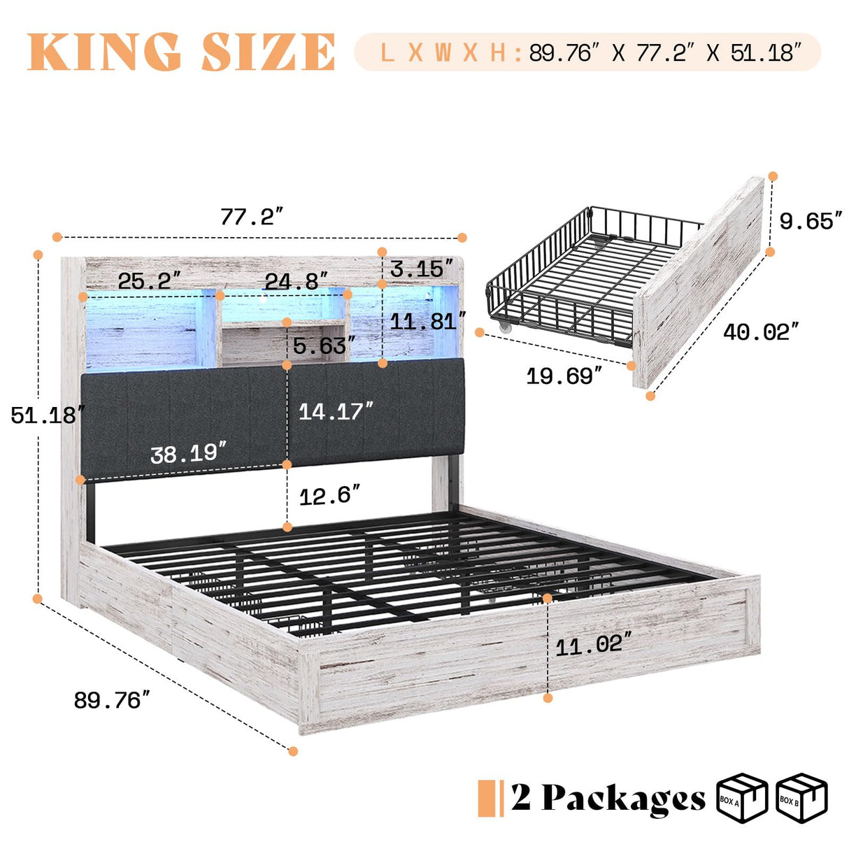 AMERLIFE King Size Bed Frame with 51.2" Tall Bookcase Headboard, Farmhouse Platform Bed with 4 Storage Drawers, Linen Upholstered, Charging Station & Storage, Rustic White AMERLIFE
