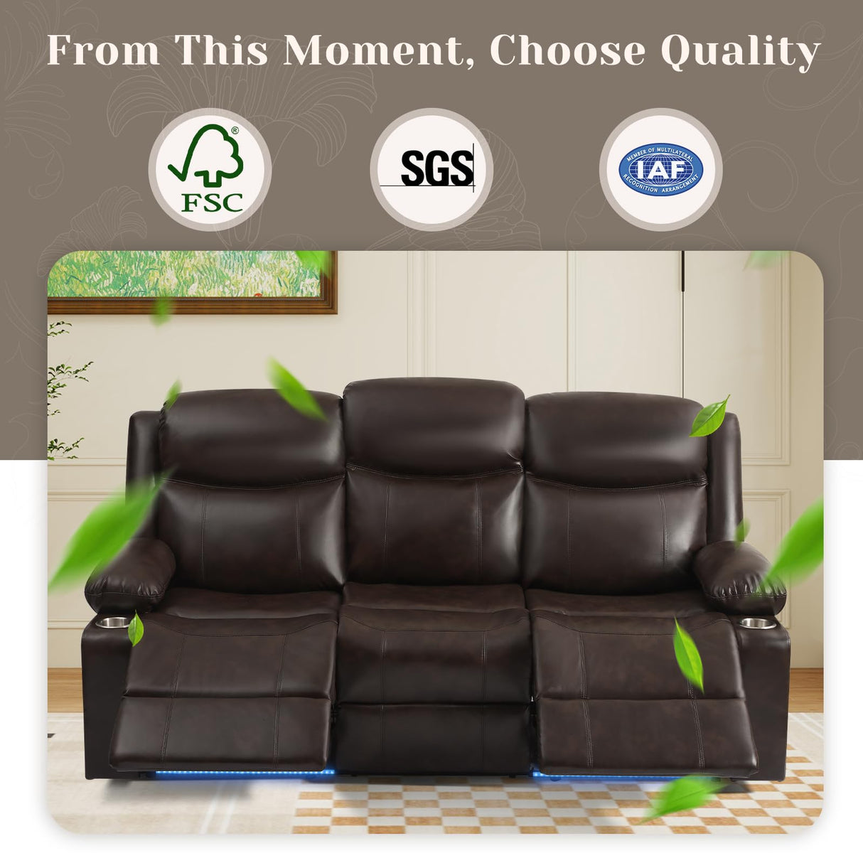 PALLOME Power Reclining 3-Seater Sofa for Home Theater, Electric Recliner Couch with LED Lights, USB & Type-C, RV Sofa with Cup Holders, Side Pocket, Faux Leather (Brown) PALLOME