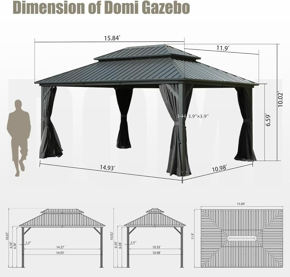 Domi 12’ X 16’ Hardtop Gazebo Canopy with Netting & Curtains, Outdoor Aluminum Gazebo with Galvanized Steel Double Roof for Patio Lawn and Garden, Gray domi outdoor living