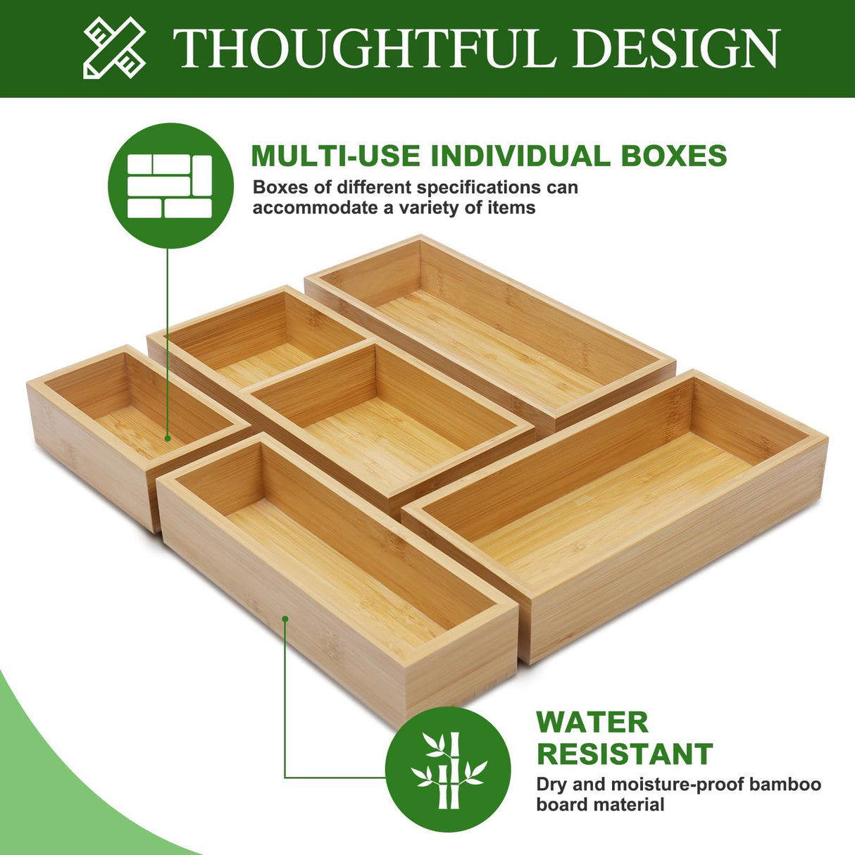 Bamboo Drawer Organizer Set, 5 PCS Multi-Use Individual Wood Storage Organizers, Junk Drawer Divider and Storage Trays Containers for Kitchen, Bathroom, Office Desk, Makeup, Jewelry, Utensils MapleGrace