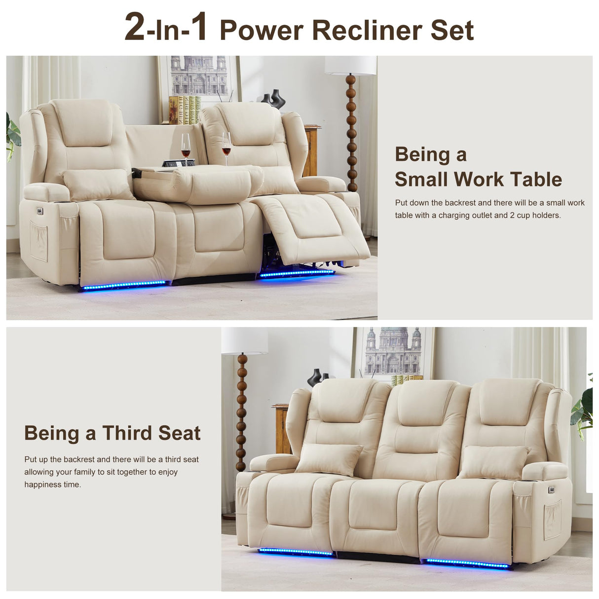 DRMBOOK RV Power Loveseat Recliner Sofa, Leathaire Fabric 3-Seater Wall Hugger Reclining Sofa, Home Theater Seating Chair with Cup Holders, 3 Person Couch RV Furniture for Living Room, Beige DRMBOOK