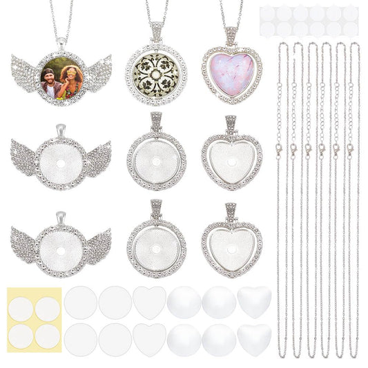 PH PandaHall 6 Sets Sublimation Rhinestone Tray Pendants, 3 Style Double Sided Pendant Blank Wing Heart Round Bezel Trays with Sublimation Blanks and Cabochons for Christmas Necklace Jewelry Making