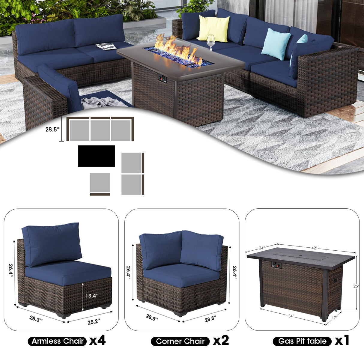 GREZJXC 7 Pieces Outdoor Sectional Patio Furniture Set with Fire Pit Table PE Rattan Wicker Patio Sectional Conversation Set with Cushion Navy Blue GREZJXC