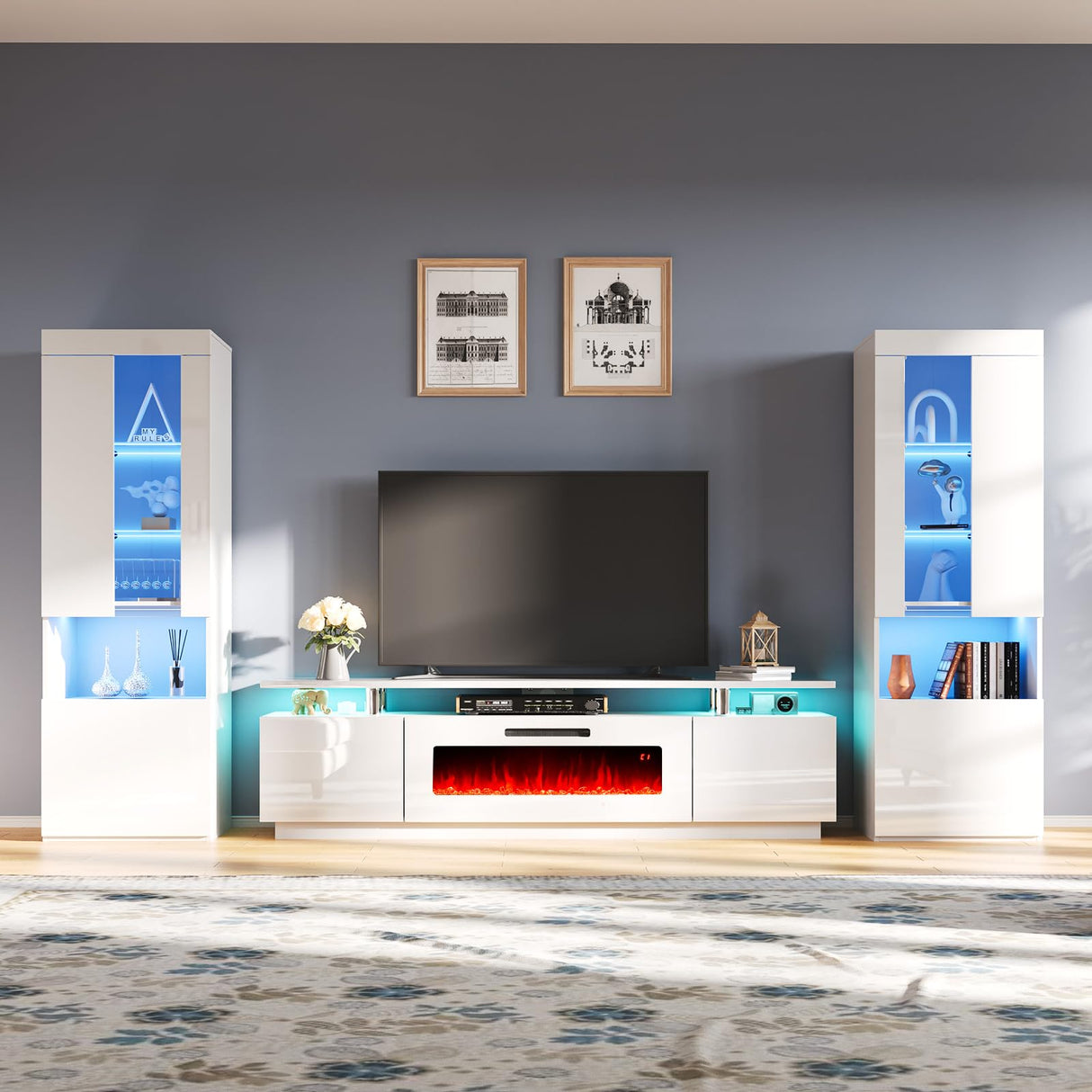 AMERLIFE Entertainment Center with Fireplace and Bookcases, Includes 80" 2-Tier Fireplace TV Stand with 40" Fireplace, 2 x High Gloss Bookshelves with LED Lights & Glass Doors, White AMERLIFE