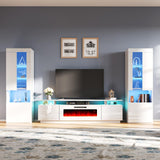 AMERLIFE Entertainment Center with Fireplace and Bookcases, Includes 80" 2-Tier Fireplace TV Stand with 40" Fireplace, 2 x High Gloss Bookshelves with LED Lights & Glass Doors, White AMERLIFE