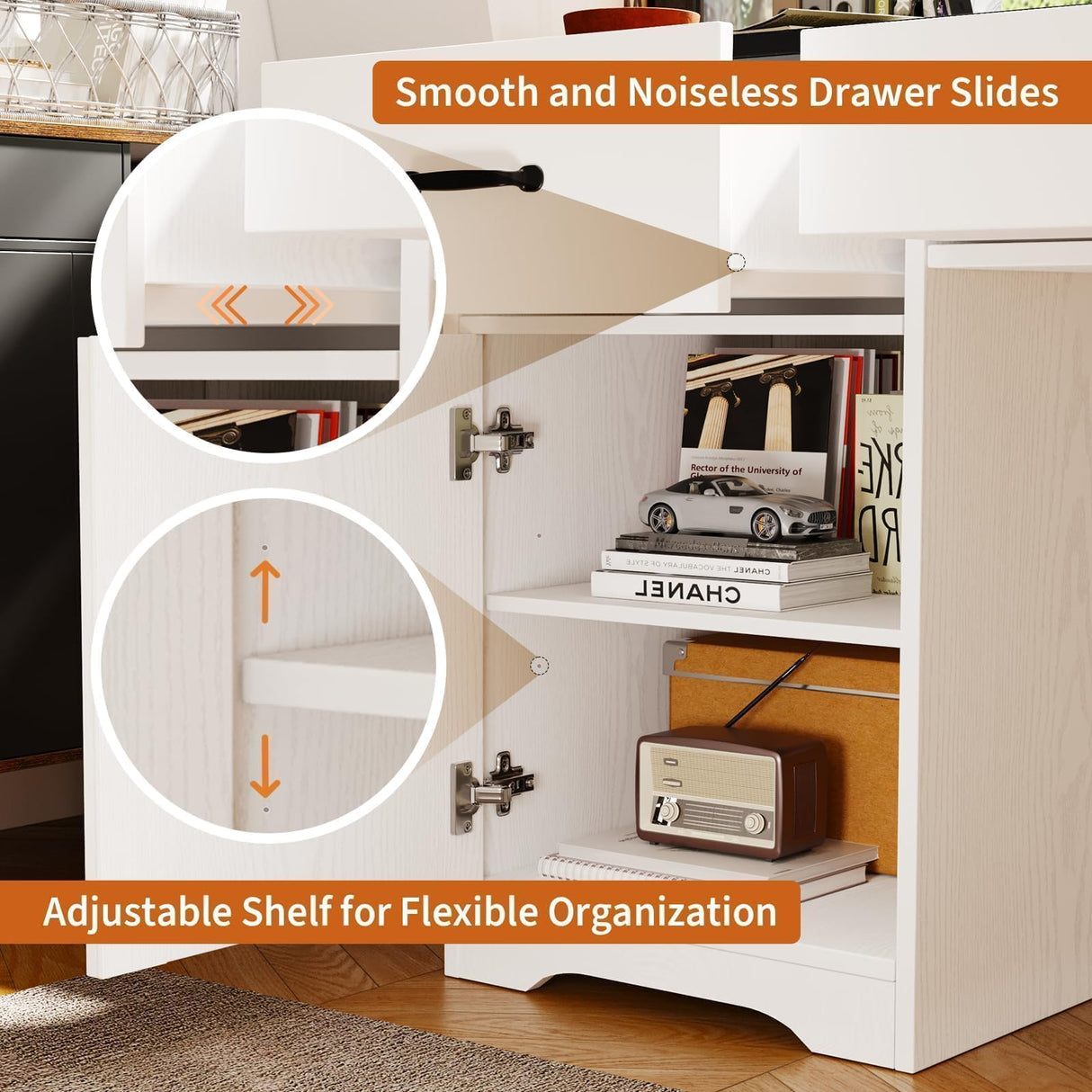 MaverickFurni White Computer Desk with 2 Drawers and Storage Cabinet, Farmhouse Desk with Drawers for Small Spaces, Wooden Desk for Bedroom MaverickFurni