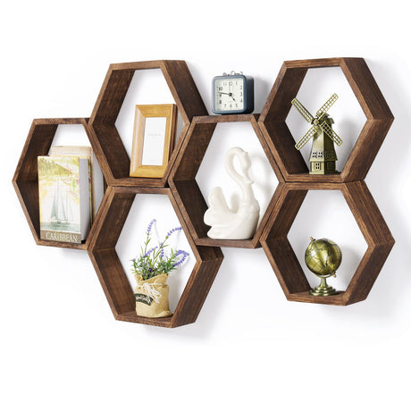 Hexagon Floating Shelves Set of 6 Farmhouse Honeycomb Wall Storage Shelf Wood Display Hexagonal Shelves Wall Mounted Hanging Rustic Shelf Racks for Bedroom Living Room Hallway Office Decor, Brown CADUKE