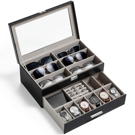 Lifewit 2- layer Sunglasses Organizer with Glass Lid, 6 Slots eyeswear Holder, 6 Slots Watch box, Spaces for Rings, Brooch, Tie Clip, Multiple Eyeglasses Display Case for Men, Gift Idea, Inky Black Lifewit