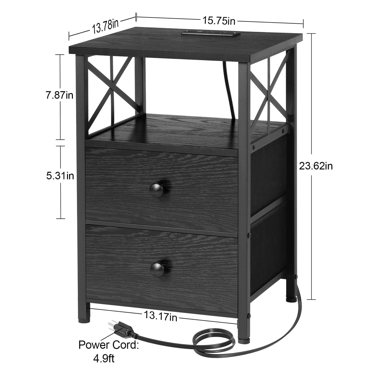 AMHANCIBLE Night Stand Set 2, Black Nightstand with Charging Station, End Tables Living Room with USB Ports and Outlets, Bedside Table with Fabric Drawers for Bedroom, HET05XBK AMHANCIBLE