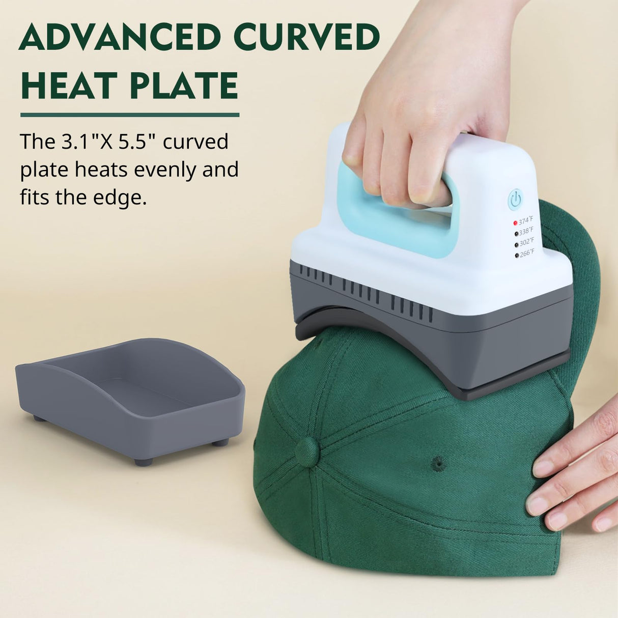 Gimify Hat Press Machine, 4 Heating Levels Mini Heat Press with 3.1"x5.5" Ceramic-Coated Heat Plate, Curved with Safety Base & Auto-Off, Portable Blue Gimify