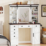 CHARMAID Farmhouse Vanity Table with Barn-Style Sliding Lighted Mirror, 45 in Makeup Vanity Desk with Charging Station, 9 Shelves, 6 Drawers & Cabinet, 3 Lighting Modes, Dressing Table for Bedroom CHARMAID