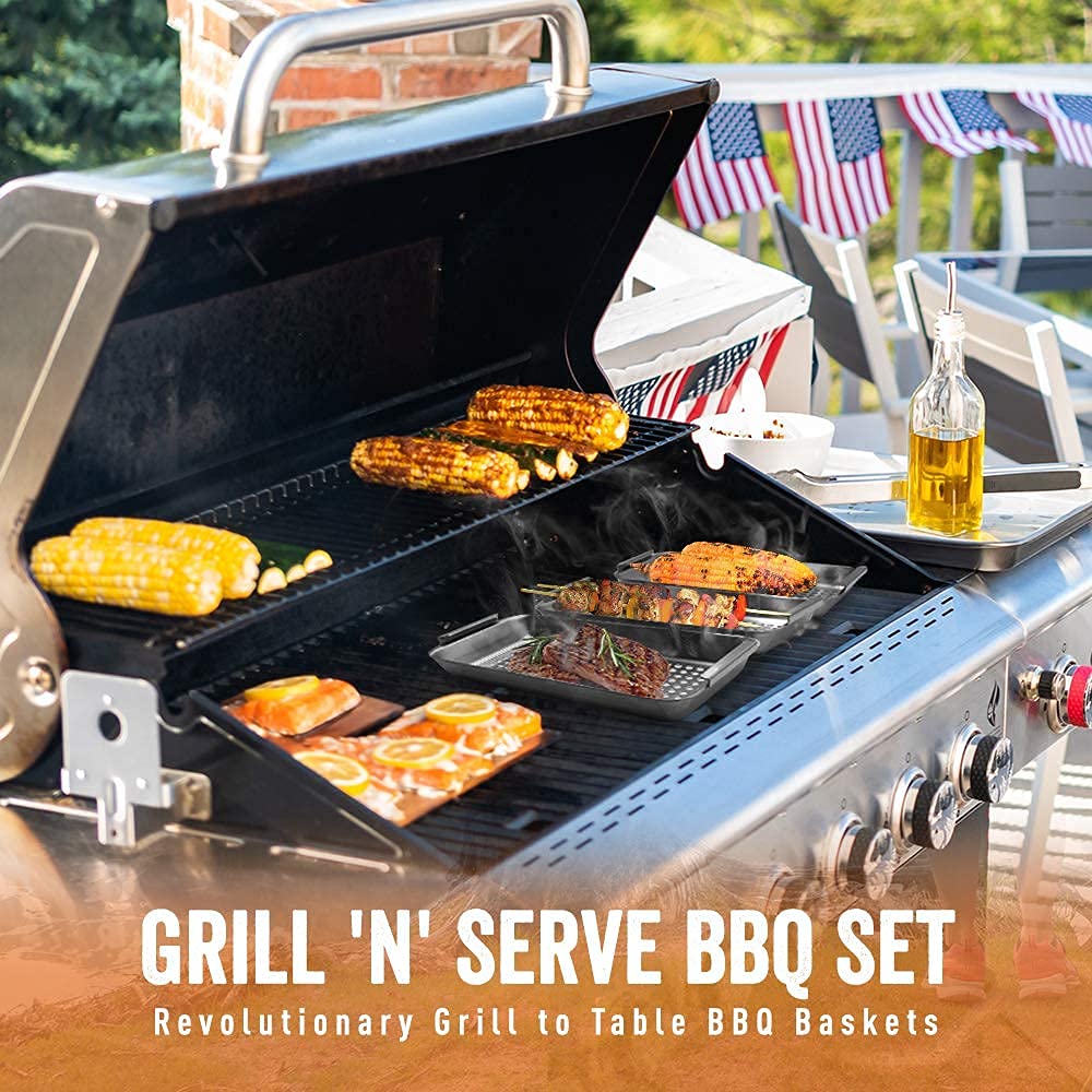 Yukon Glory™ BBQ 'N SERVE Grill Basket Set - Includes 3 Grilling Baskets a Serving Tray & Clip-on Handle - "Patented Grill-to-Table Design" Perfect For Grilling Fish Veggies & Meats Yukon Glory