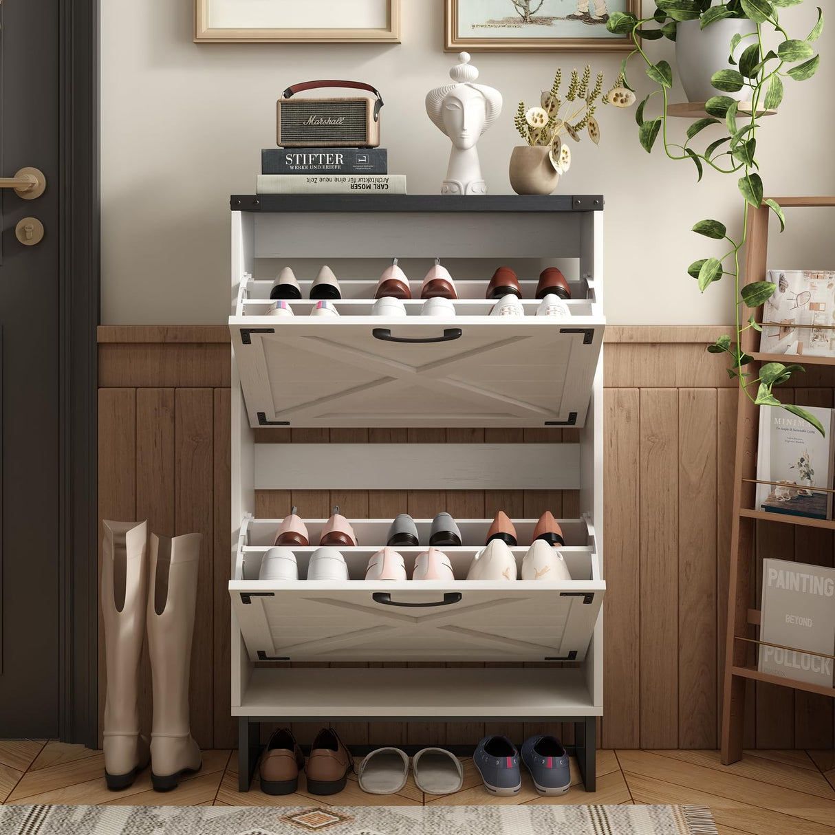 Maupvit 24" W Farmhouse Shoe Cabinet Storage for Entryway, Freestanding Organizer with 2 Flip Drawers, Narrow Shoe Rack Cabinet with Metal Corner Decoration, White Maupvit