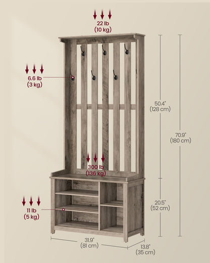 VASAGLE Hall Tree with Bench and Shoe Storage, Coat Rack with Shoe Bench, 7 Double Hooks for Jackets, Hats, Entryway, Bedroom, Living Room, 13.8 x 31.9 x 70.9 Inches, Heather Greige UHSR414G01