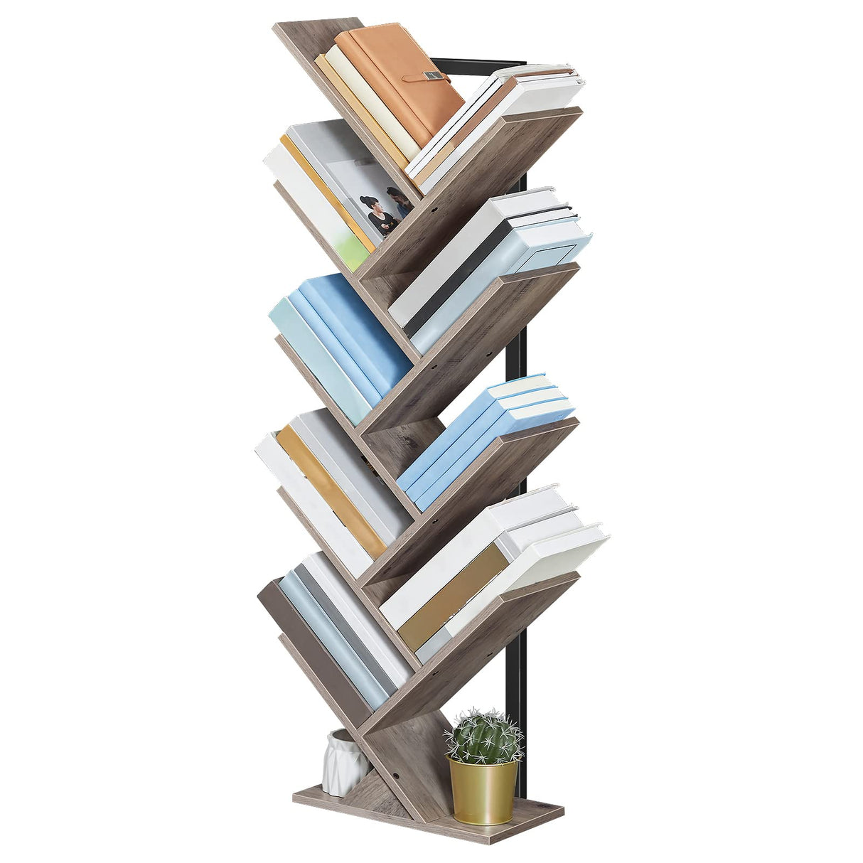 HOOBRO Tree Bookshelf, 9-Tier Bookcase Wooden Shelves, Floor Standing Storage Rack, for Display of CDs, Books in Living Room, Home Office, Wood Storage Rack for Bedroom, Greige BG08SJ01G1 HOOBRO