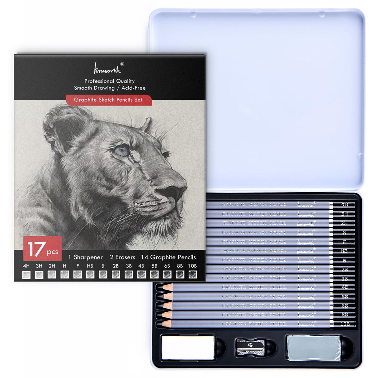 Brusarth Professional Sketch Pencils for Drawing Set - Graphite Pencils (4H-10B), Graphite Sticks, Erasers and Sharpener, Art Pencils for Sketching- Ideal for Artists and Beginners,17Pcs Brusarth