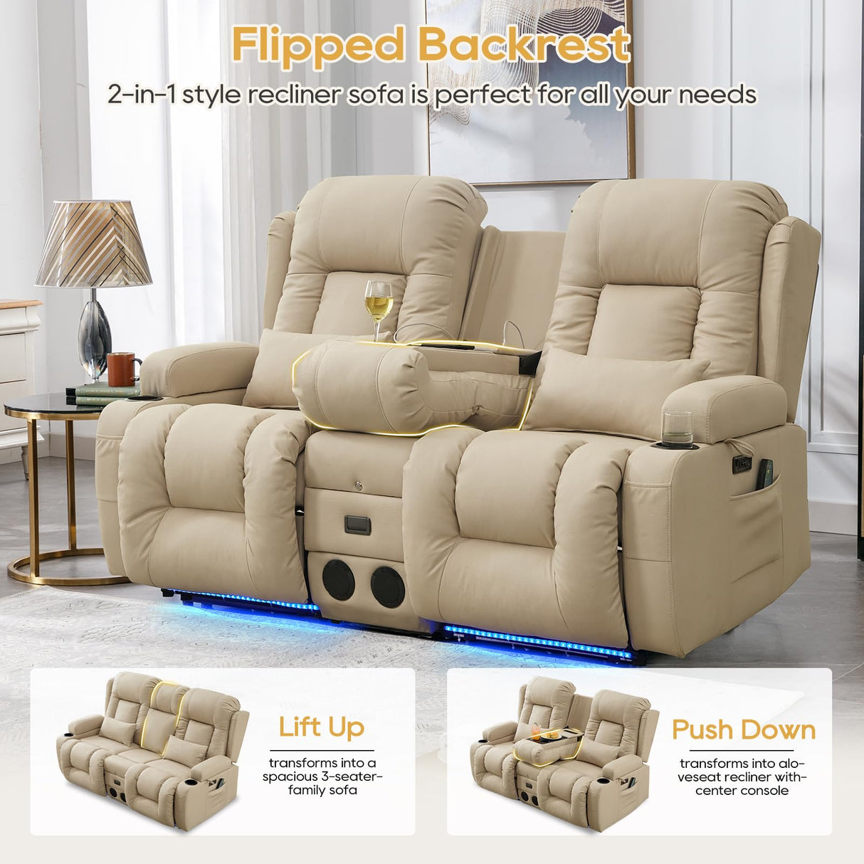 IPKIG Power Loveseat Recliner Sofa with Flip-Up Backrest Console, Drawer, AC Outlet, LED Light, Bluetooth Speakers, Wall Hugger Recliners for Living Room, RV, Home Theater (Beige, Loveseat) IPKIG