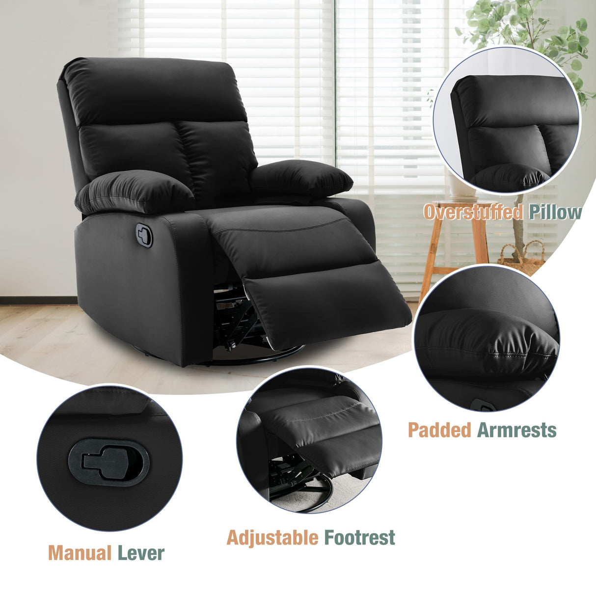 hzlagm Swivel Rocker Recliner, Rocking Recliners Chair for Small Spaces, Small Rocker Recliner Chair, Nursery Rocking Chairs for Living Room, RV, Nursery, Black hzlagm