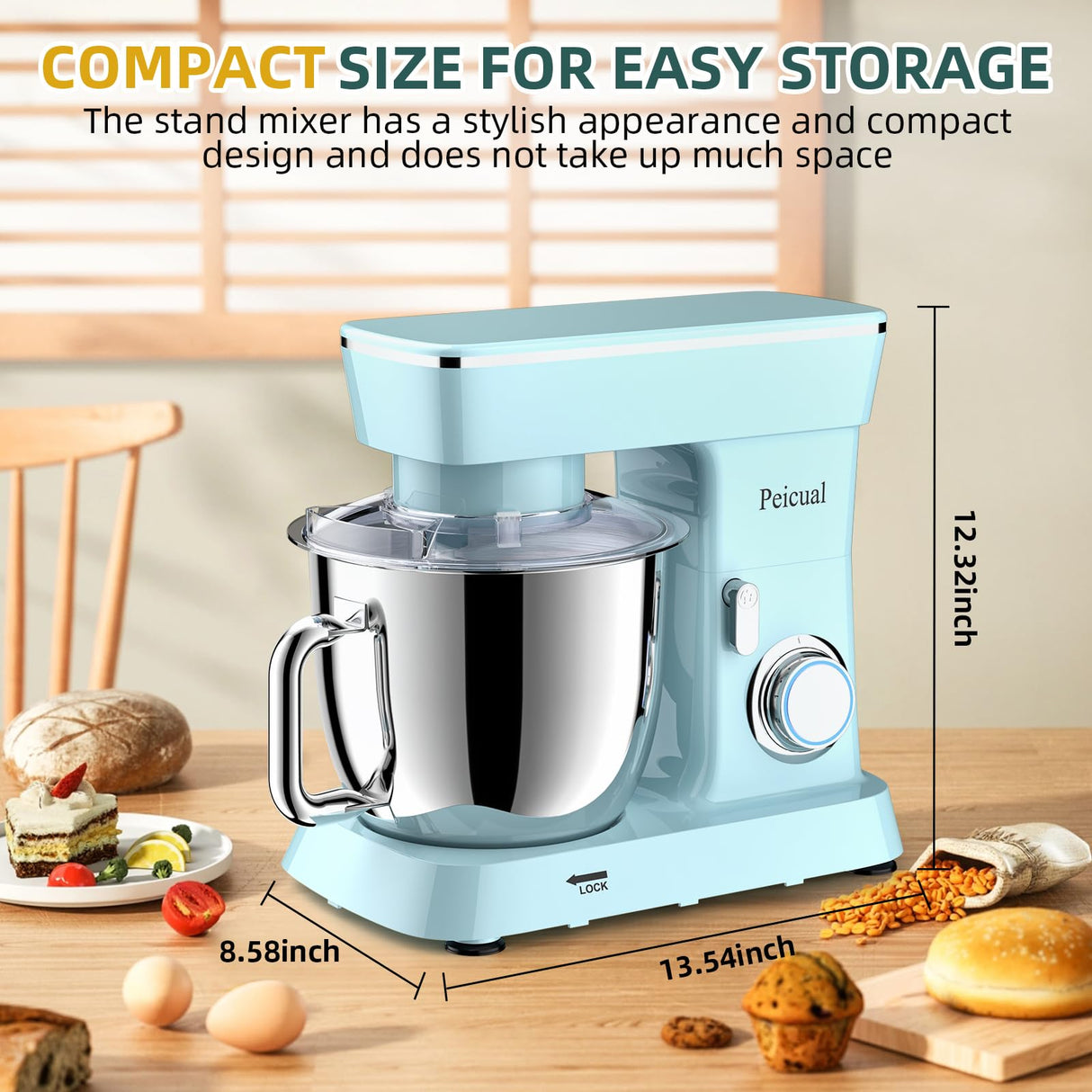 Peicual Stand Mixer, 6QT 10+P Speed Tilt-Head Kitchen Electric Mixer, Food Mixer with Stainless Steel Bowl, Dough Hook, Flat Beater, Wire Whisk, Splash Guard-Blue Peicual