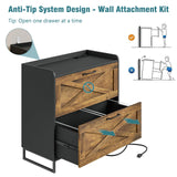 Lateral File Cabinet 2 Drawer File Cabinet with Charging Station, Modern Farmhouse Large Wood Home Office Furniture for Legal/Letter/A4 Size Hanging Files, Rustic Brown and Black Vabches