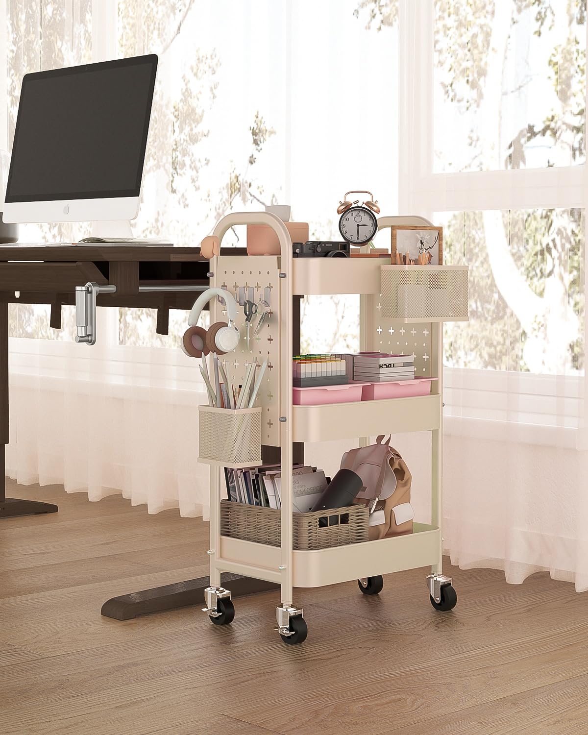 ALVOROG 3 Tier Rolling Cart with DIY Pegboards Metal Utility Cart with Wheels Handles Baskets Hooks, Craft Cart for Office Kitchen Bathroom(Khaki) ALVOROG