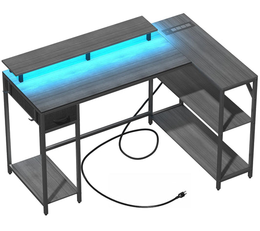 Eivanet 47 Inch L Shaped Desk Gaming Desk with LED Strip & Power Outlet, Reversible L-Shaped Computer Desk with Storage Shelf & Drawer, Corner Desk with Hook & Monitor Stands, Home Office Des - WoodArtSupply